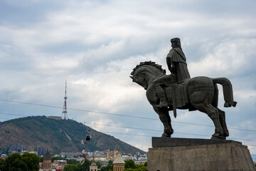 Metekhi Virgin Mary Assumption Church and King Vakhtang Gorgasali equestrian monument in Tbilisi....