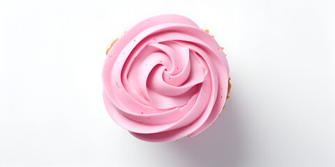 Top view of cupcake with pink frosting on top, white background with copy space 