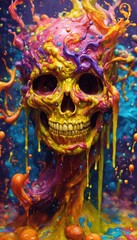 Naklejka premium skull, ghost, bogey, abstract, paint, painting, liquid, splash, digital, wallpaper, background, cover, decoration, wall, art, pop, gamer, terror, horror, halloween, colorful, portrait, fantasy