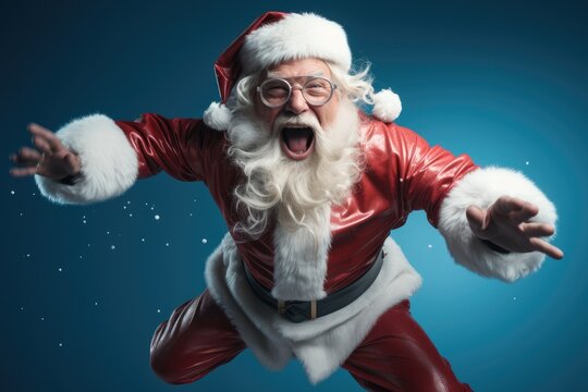 Fun happy old Santa Claus jumping on blue background.