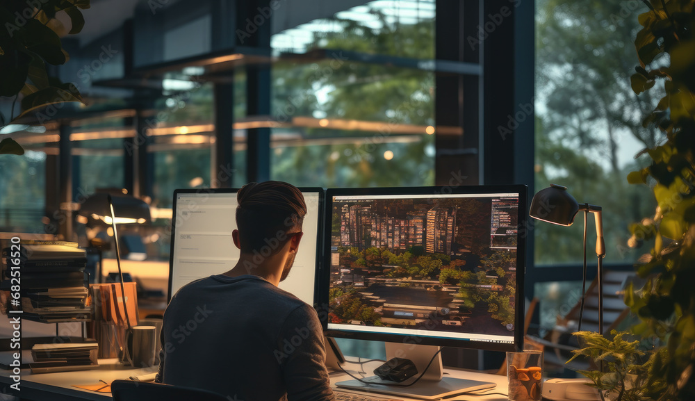 Poster Programmer, Software developer working at a modern contemporary office.