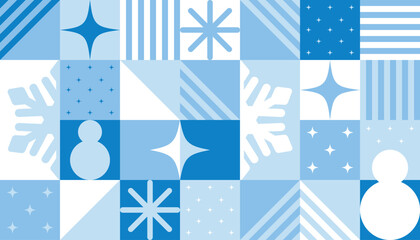 Abstract geometric seamless pattern. Winter elements and geometry shapes on blue tile background. Ornament for wrapping paper, banner, wallpaper © Svetlana