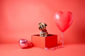 Little puppy in a giftbox, Valentine Day gift. Generative AI - obrazy, fototapety, plakaty