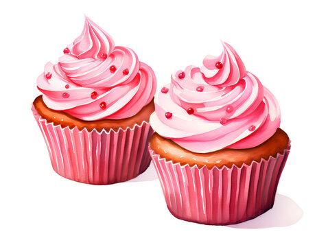 Watercolor illustration of a cupcakes with pink frosting on top, isolated on white background 