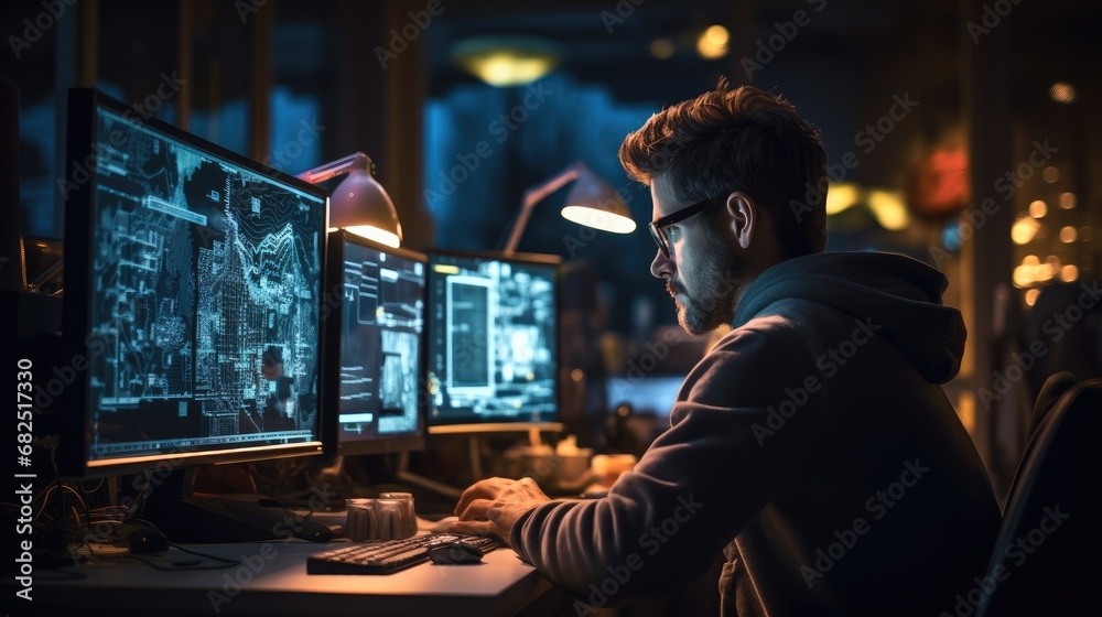 Leinwandbilder Software engineer coding at a computer workstation.