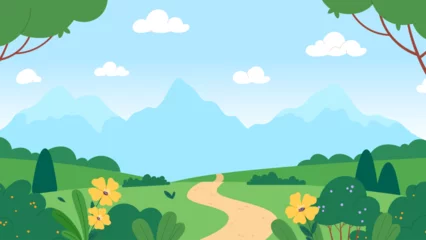 Muurstickers Spring seasonal cartoon flat landscape. Summer mood, green valley, flowers and tree, mountain silhouettes on skyline. Nature vector background © LadadikArt