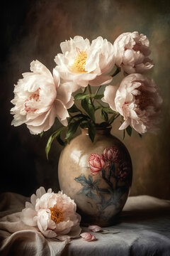 Bouquet of peonies in ceramic vase on dark background, still life, watercolor painting