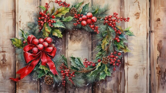  a painting of a christmas wreath on a wooden fence with holly berries and a red bow on the front of the wreath is hanging on the side of the fence.