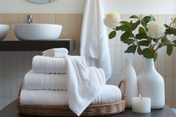 Fototapeta na wymiar Towels in the luxury and minimalist bathroom.