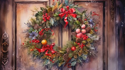 Fototapeta na wymiar a painting of a christmas wreath with pomegranates, pine cones, berries, and a bow hanging on a wooden door with a snowfloor.