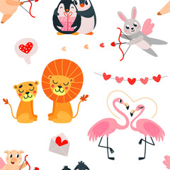 Romantic animals seamless pattern. Cartoon animal in love fabric childish print. Happy valentine day texture with cute wild characters classy vector template