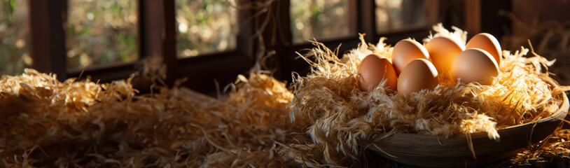 Web banner with chicken eggs on straw in a barn, bright sunny morning, morning before Easter and happy holiday, fresh chicken eggs from the farm - Powered by Adobe