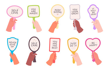 Mirror of support in people hands. Motivation, self love and inspiration. Mirrors reflection acceptance phrases. Motivational quotes racy vector set