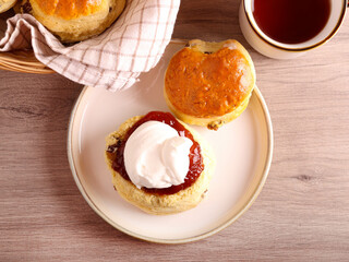 Classical scones with jam and whipped cream