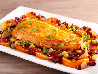 Clementine, fennel and cranberry roast salmon on plate