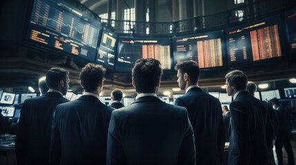 Group of financial workers looking at the big screen, the rise and fall of the stock market.