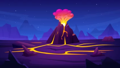 Fototapete Dunkelblau Volcano eruption at night. Surreal natural landscape with cracked earth and mountain with fire, magma and lava. Volcanic disaster, nowaday vector illustration  © LadadikArt