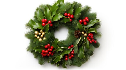 an evergreen Christmas wreath isolated on a white background, festive decoration, a picture-perfect representation suitable for various holiday-themed uses.