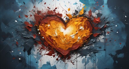 Abstract love in the shape of a heart, strokes of warm fiery colors on a contrasting blue-gray background. Concept: passion and emotion through bright splashes and rich textures and creativity, romanc