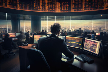 Investment bankers sit on busy trading floors in global financial markets. - obrazy, fototapety, plakaty