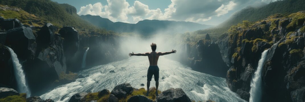 Man jumps from a waterfall, Travel concept.