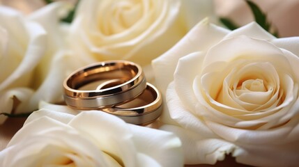  a couple of wedding rings sitting on top of a white rose next to each other on top of a table next to a bouquet of white roses and white roses.