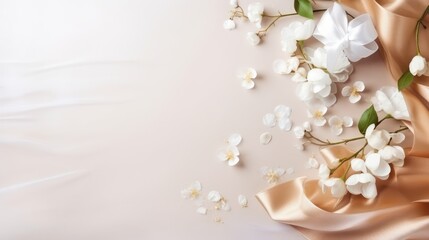  a bouquet of white flowers on a pink satin background with copy - space for a text or an image with a place for an inscription ornament ornament.