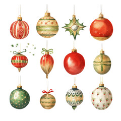 Watercolor illustrations of various Christmas ornaments. solated