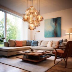 Modern living room interior with sofa, coffee table and lamp. Mid-century Style Living Room