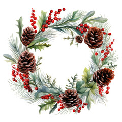 A watercolor wreath with pinecones, holly, and berries. solated