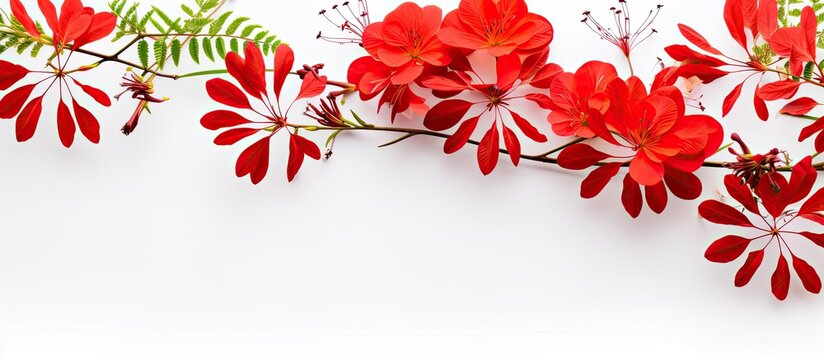 In the midst of an isolated white background, a vibrant Gulmohar flower stood out, showcasing the beauty of nature in its vivid red color, adorned with green leaves during the summer and autumn