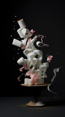 a cake with white and pink icing on top of a cake stand with a black background and smoke coming out of the icing from the top of the cake.
