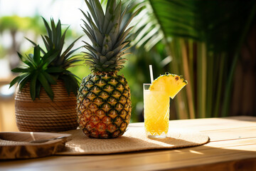 Pineapple Juice and Fresh Pineapple on Tropical Table