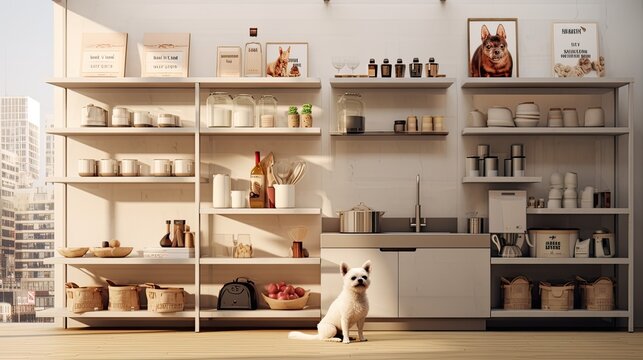 a dog exploring a modern minimalist kitchen, showcasing shelves neatly organized with boxes of delicious dog snacks in the background.