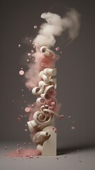 Obraz premium a stack of letters with smoke coming out of them on top of a gray surface with pink and white confetti falling out of the top of the letters.