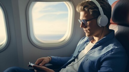 Image of a man wearing headphones and looking at his phone on an airplane. He is sitting in the window seat - Generative AI
