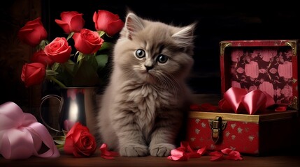 Little kitten with roses and jewelry box - obrazy, fototapety, plakaty
