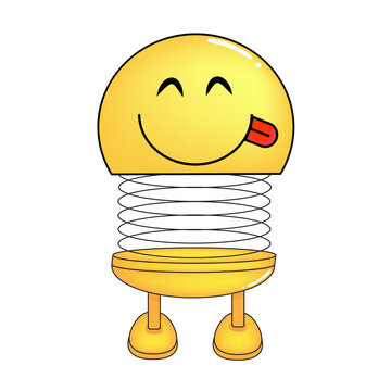 Vector illustration of spiral emoticon with body and legs. Cartoon spiral Emoji mockingly sticking out tongue. Cute emoticon, child icon.