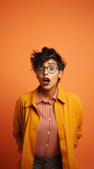 Portrait of young shocked woman wearing eyeglasses looking aside over yellow background.