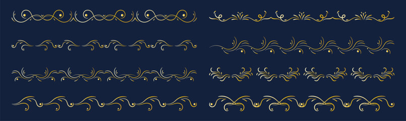 Collection set of golden calligraphic label ornament. Elegant luxury royal borders and frames on a blue background. Vector stock illustration.