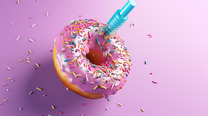 a weight-loss syringe is applied to a donut with sprinkles - obrazy, fototapety, plakaty