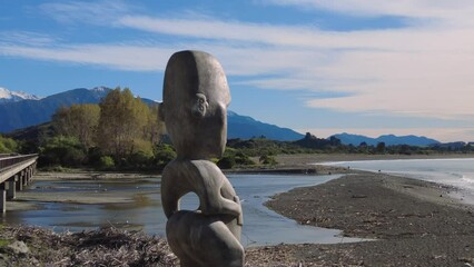 Maori Sculpture, Gooch Bay in Kaikoura, South Island, New Zealand. 5 November 2023