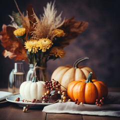 Ai generated. Ai generate .Autumn table setting with pumpkins and flowers, selective focus.Autumn table setting with pumpkins, leaves and berries on wooden background
