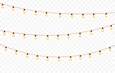 Lights bulbs isolated on transparent background. Glowing fairy Christmas garland strings. Vector New Year party led lamps decorations - obrazy, fototapety, plakaty