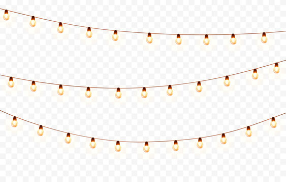 Lights bulbs isolated on transparent background. Glowing fairy Christmas garland strings. Vector New Year party led lamps decorations