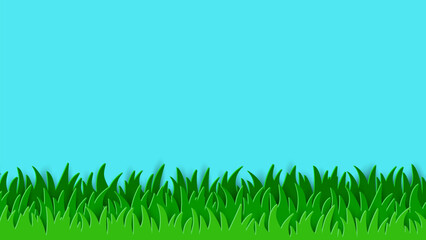 Green grass on blue background. Paper cut style illustration. Vector