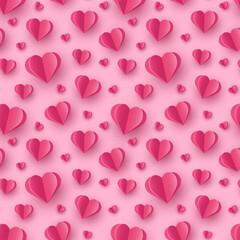 Floating hearts on pink background. Seamless pattern with paper cut decorations. Design for Valentine’s Day. Vector illustration