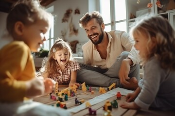 Dad and kids play board games together at home to develop the mind. Happy people relax at home together. The concept of coziness and comfort.