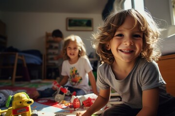 The two children laugh together and play with their favorite toys in the children's room. The concept of a happy childhood.