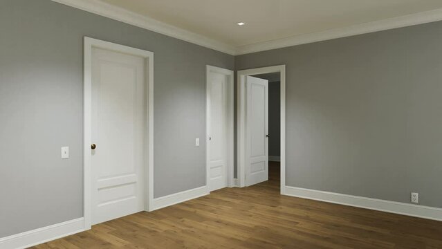 3D video animation of an empty apartment without furniture or decor.